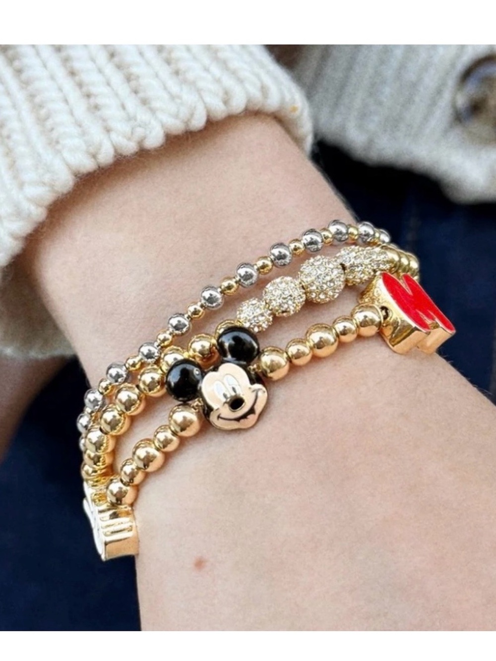 NWT BaubleBar Disney Gold-Tone Mickey Mouse 3 Charm Beaded Adjustable Bracelet - Picture 6 of 6